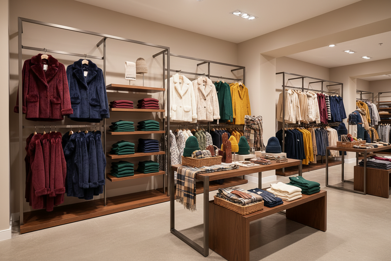 A picture showing women's winter clothing organized inside a store